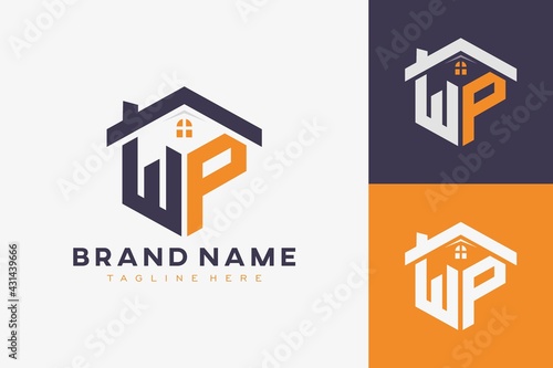 hexagon WP house monogram logo for real estate, property, construction business identity. box shaped home initiral with fav icons vector graphic template