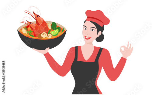 Beautiful woman chef holding Tom Yum Kung spicy soup Thai famous food vector illustration. Thai food concept
