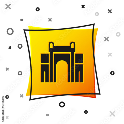Black India Gate in New Delhi, India icon isolated on white background. Gate way of India Mumbai. Yellow square button. Vector