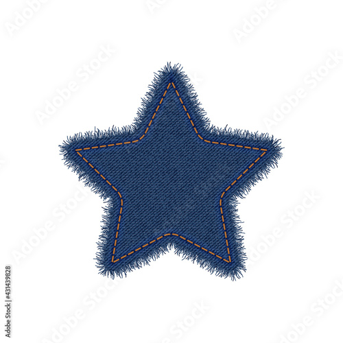 Denim star shape with seam. Torn jean patch with stitches. Vector realistic illustration on white background.