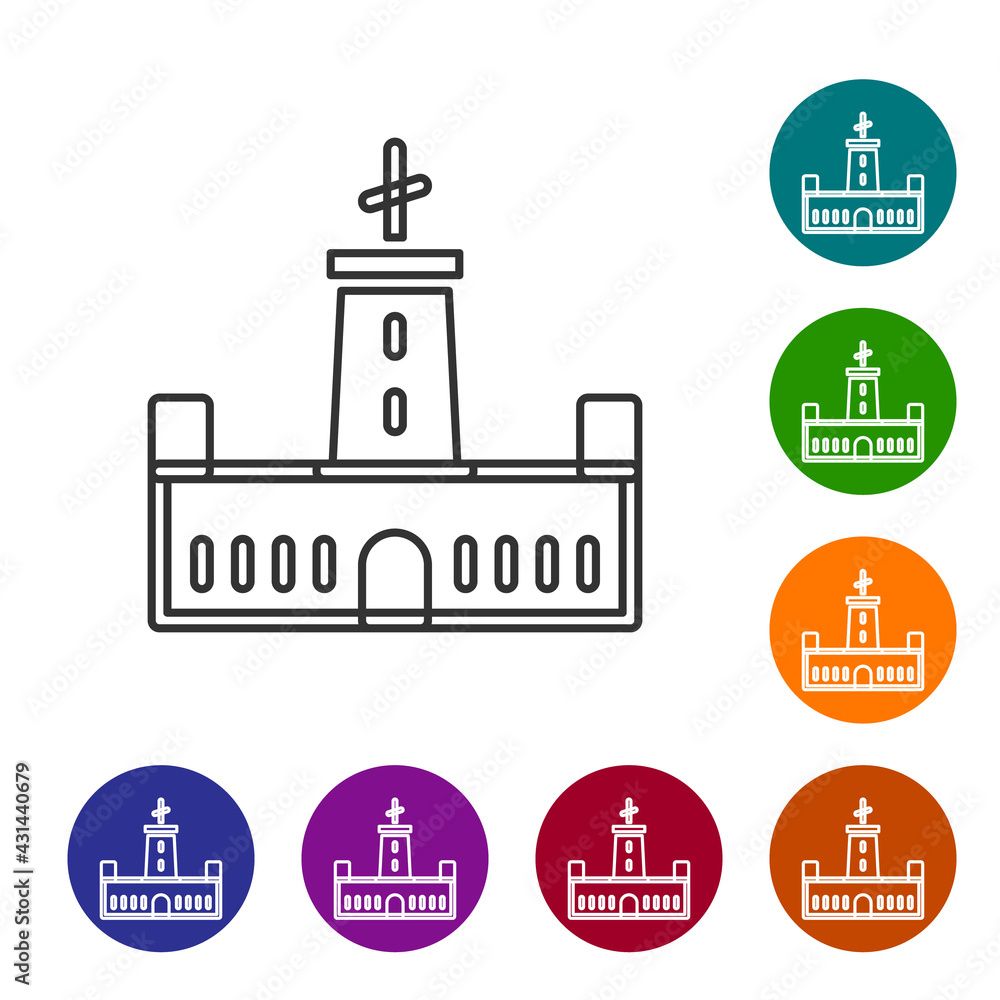 Black line Montjuic castle icon isolated on white background. Barcelona, Spain. Set icons in color circle buttons. Vector