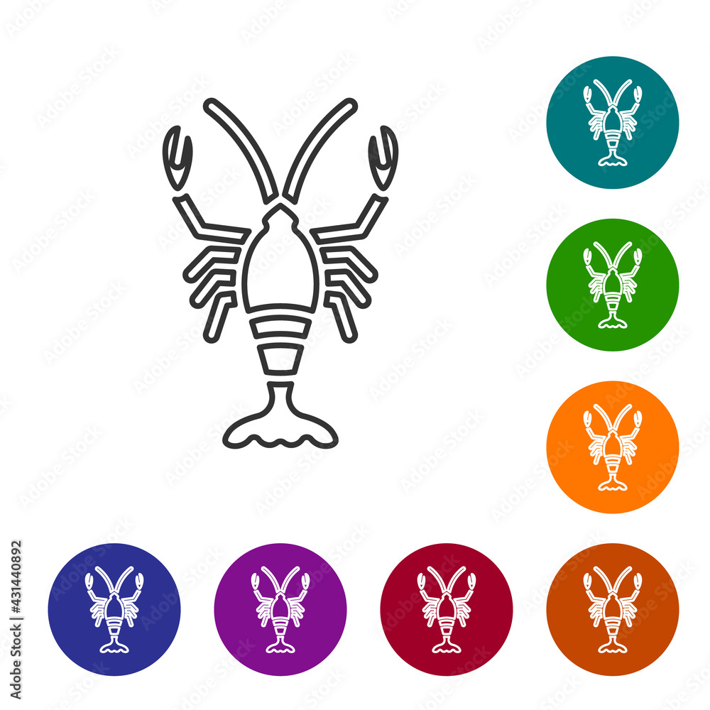 Black line Lobster icon isolated on white background. Set icons in color circle buttons. Vector