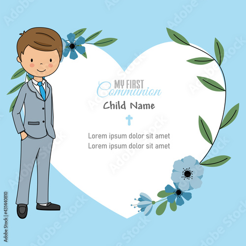 My first communion card. Boy with flower frame.