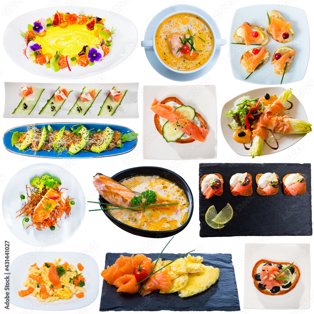 Various dishes of salmon with vegetables. High quality photo