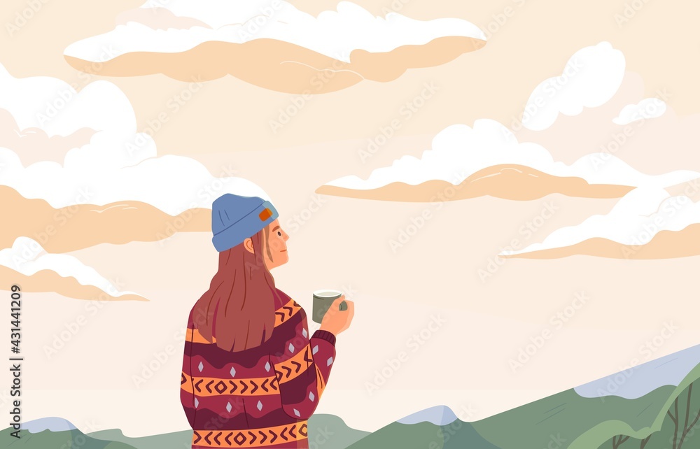 Young woman enjoying peaceful landscape, relaxing, looking at sky with clouds, drinking tea and dreaming. Inspiration concept. Colored flat vector illustration of person alone with nature - obrazy, fototapety, plakaty 