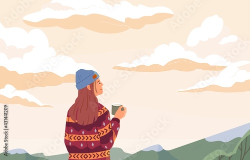 Young woman enjoying peaceful landscape, relaxing, looking at sky with clouds, drinking tea and dreaming. Inspiration concept. Colored flat vector illustration of person alone with nature