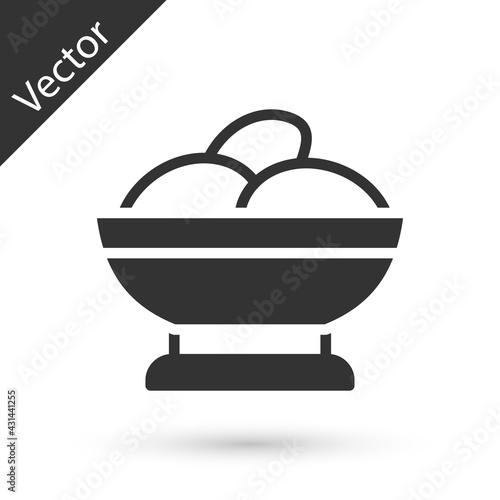 Grey Varenyky in a bowl icon isolated on white background. Pierogi, varenyky, dumpling, pelmeni, ravioli. Traditional Ukrainian food. Vector