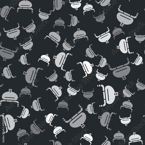 Grey Bread and salt on towel icon isolated seamless pattern on black background. National food loaf. Traditional ukrainian wedding bread. Vector