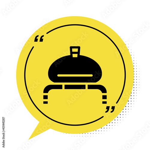Black Bread and salt on towel icon isolated on white background. National food loaf. Traditional ukrainian wedding bread. Yellow speech bubble symbol. Vector
