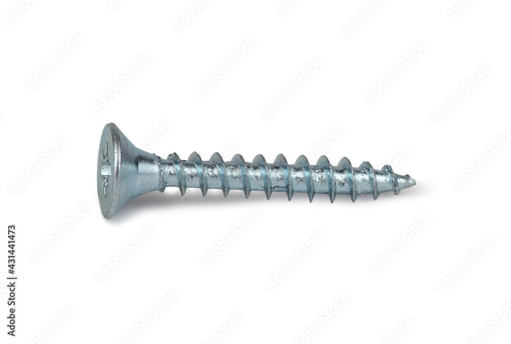 Zinc-plated self-tapping screw with a countersunk headite background. - obrazy, fototapety, plakaty 