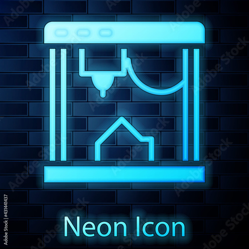 Glowing neon 3D printer icon isolated on brick wall background. Vector