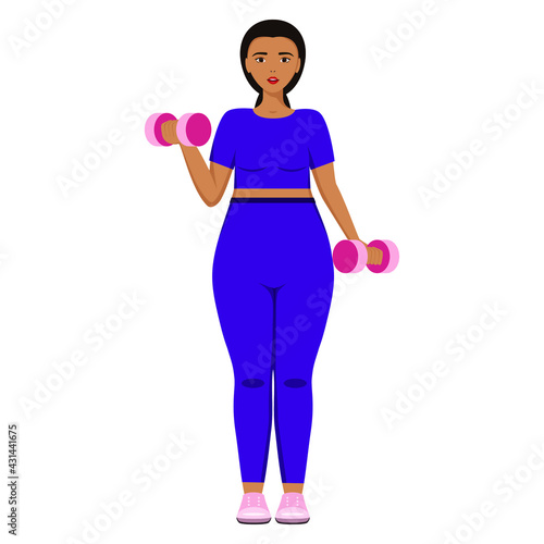 A plump girl with dumbbells does sports. Weight loss. Taking care of your body.