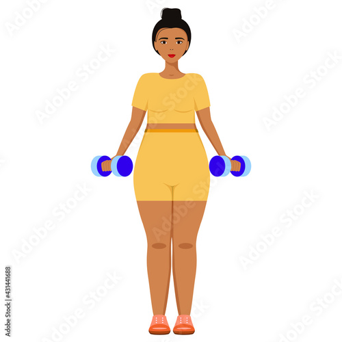 A plump girl with dumbbells does sports. Weight loss. Taking care of your body.