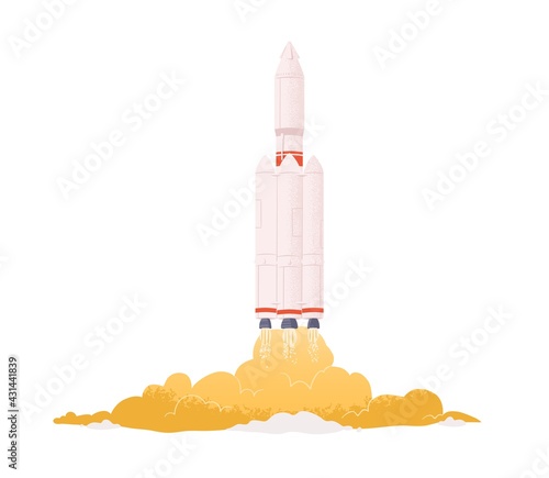 Intergalactic rocket launch. Spaceship takeoff with fire flames from engine. Spacecraft taking off. Concept of start up. Colored flat vector illustration of space shuttle isolated on white background