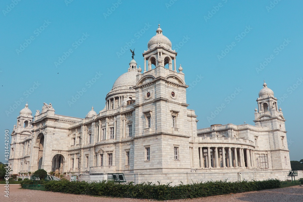 a beautiful side view picture of the Victoria Memorial stock photo