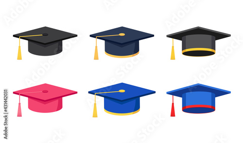 Graduation cap set, education hat with tassel vector