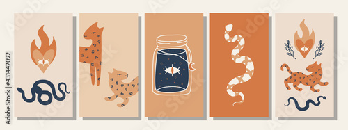 Set of hand drawn abstract elements in boho style, modern, trendy colors, minimalism art.