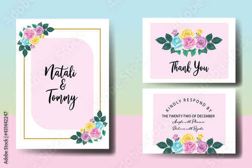 Wedding invitation frame set, floral watercolor hand drawn Colorful Rose Flower design Invitation Card Template