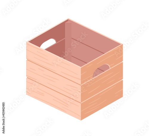 Empty wood box with handles. Open wooden crate from timber, planks or plywood. Storage container for fruits and vegetables. Colored flat vector illustration isolated on white background