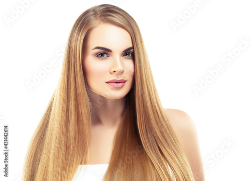 Beautiful woman with long blonde hairstyle healthy beauty skin natural make up