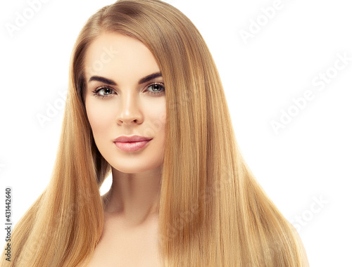 Beautiful woman with long blonde hairstyle healthy beauty skin natural make up