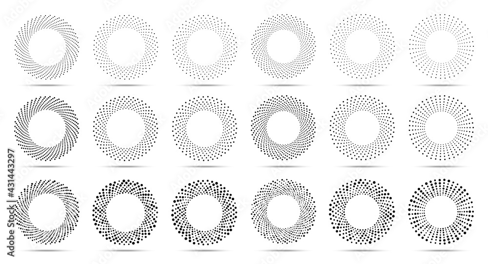 Halftone circular dotted frames set. Circle dots isolated on the white background. Logo design element for medical, treatment, cosmetic. Round border using halftone circle dots texture. Vector Halftone circular dotted frames set. Circle dots isolated on the white background. Logo design element for medical, treatment, cosmetic. Round border using halftone circle dots texture. Vector