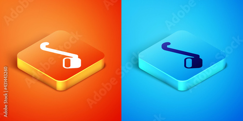 Isometric Sauna ladle icon isolated on orange and blue background. Vector