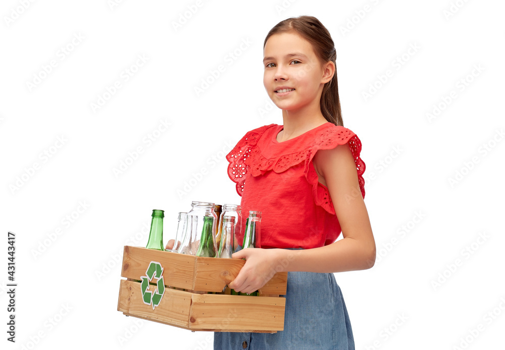 recycling, waste sorting and sustainability concept - smiling girl holding wooden box with glass bottles and jars over white background recycling, waste sorting and sustainability concept - smiling girl holding wooden box with glass bottles and jars over white background