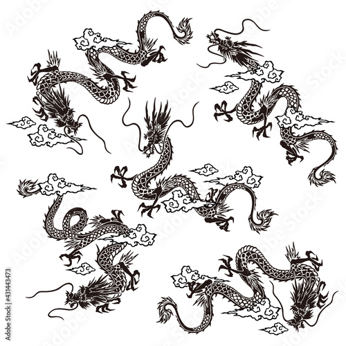 A collection of materials depicting dragons in Japanese style,