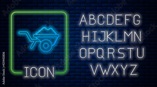 Glowing neon Wheelbarrow with dirt icon isolated on brick wall background. Tool equipment. Agriculture cart wheel farm. Neon light alphabet. Vector