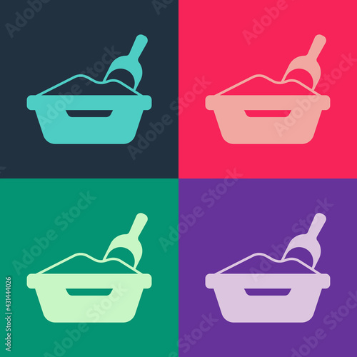 Pop art Cat litter tray with shovel icon isolated on color background. Sandbox cat with shovel. Vector