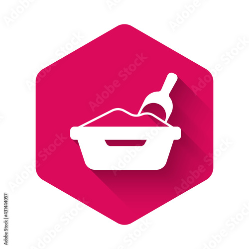 White Cat litter tray with shovel icon isolated with long shadow background. Sandbox cat with shovel. Pink hexagon button. Vector