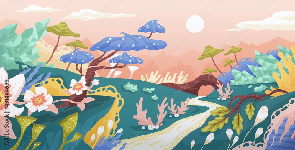 Magic landscape of fantasy world with imaginary plants. Panorama of fairy tale planet with whimsical trees and flowers. Fantastic dreamy scenery. Colored flat vector illustration of fairytale place Magic landscape of fantasy world with imaginary plants. Panorama of fairy tale planet with whimsical trees and flowers. Fantastic dreamy scenery. Colored flat vector illustration of fairytale place