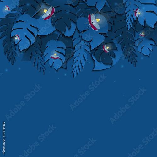 Summer trendy tropical palm leaves template with twinkling fireflies at night. Vector floral background made in 3D paper cut out style. Wildlife concept.