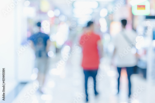Abstract defocused or blurred background of the shopping mall with nice department store interior. which including of people and shop store. 