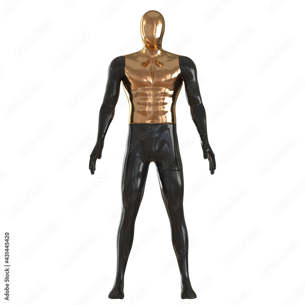 A black male mannequin with a golden head and torso stands on a white background. Front view. 3d rendering