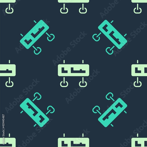 Green and beige Road traffic sign. Signpost icon isolated seamless pattern on blue background. Pointer symbol. Isolated street information sign. Direction sign. Vector © vector_v