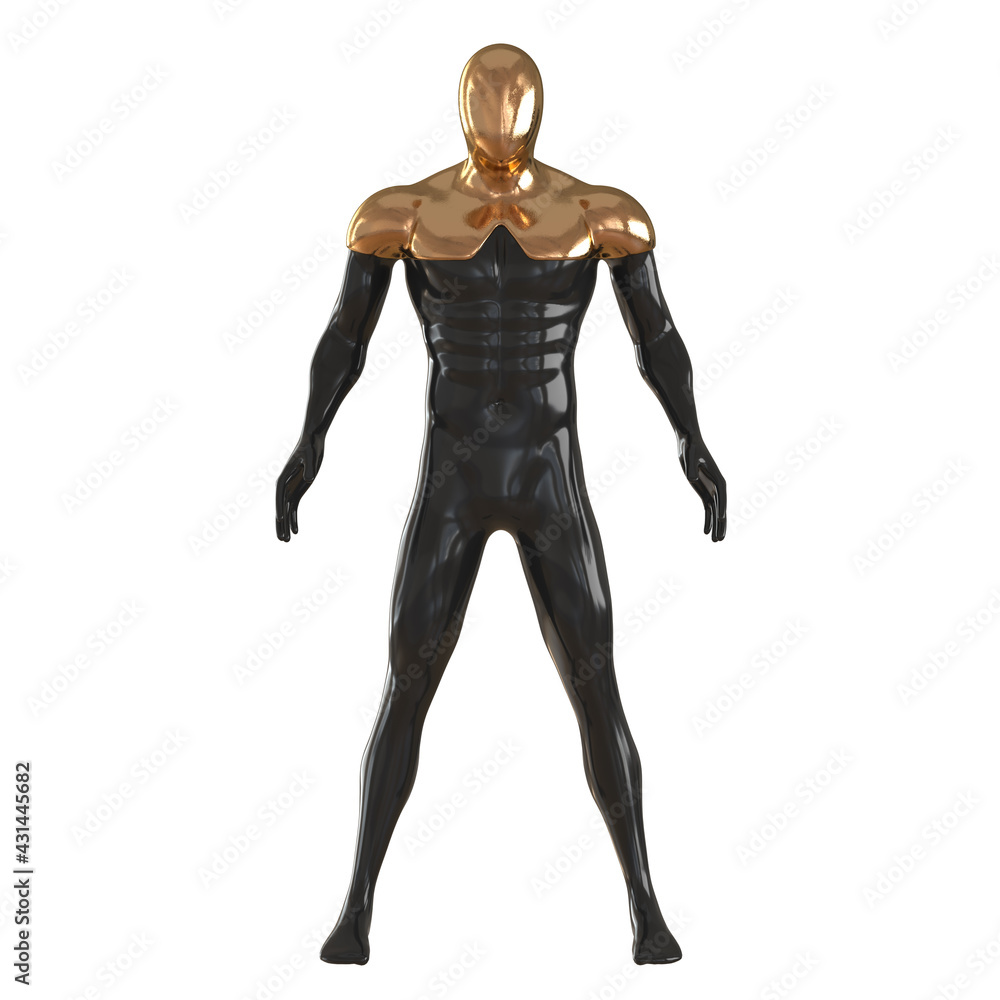 Black gold mannequin stands with legs and arms wide apart on isolated background. Front view. 3d rendering Black gold mannequin stands with legs and arms wide apart on isolated background. Front view. 3d rendering