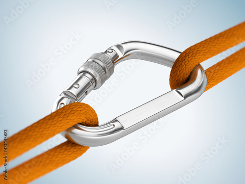 Steel carabiner hook with a climbing rope. Reliability, support concept. 3d rendering photo