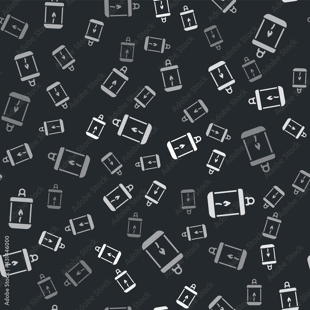 Grey Ramadan Kareem lantern icon isolated seamless pattern on black background. Vector
