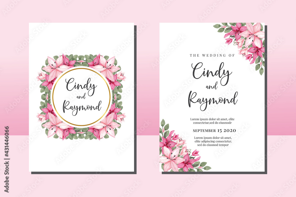 Obraz premium Wedding invitation frame set, floral watercolor hand drawn Pink Lily Flower design Invitation Card Template