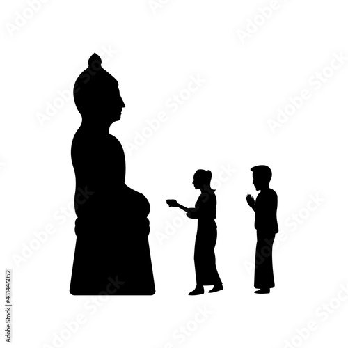 black silhouette design with isolated white background ofcouple make merit to buddha sculpture