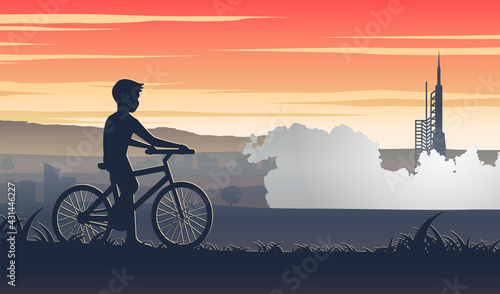 Story telling of  silhouette art of boy riding bike and stop to look rocket releasing