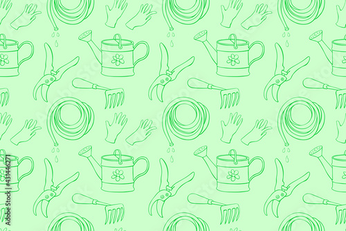 Seamless pattern with outline garden equipments: watering can, rake, hoe, gloves, pruner, hose for irrigation. Vector backgrounds and textures with tools gardening in doodle style