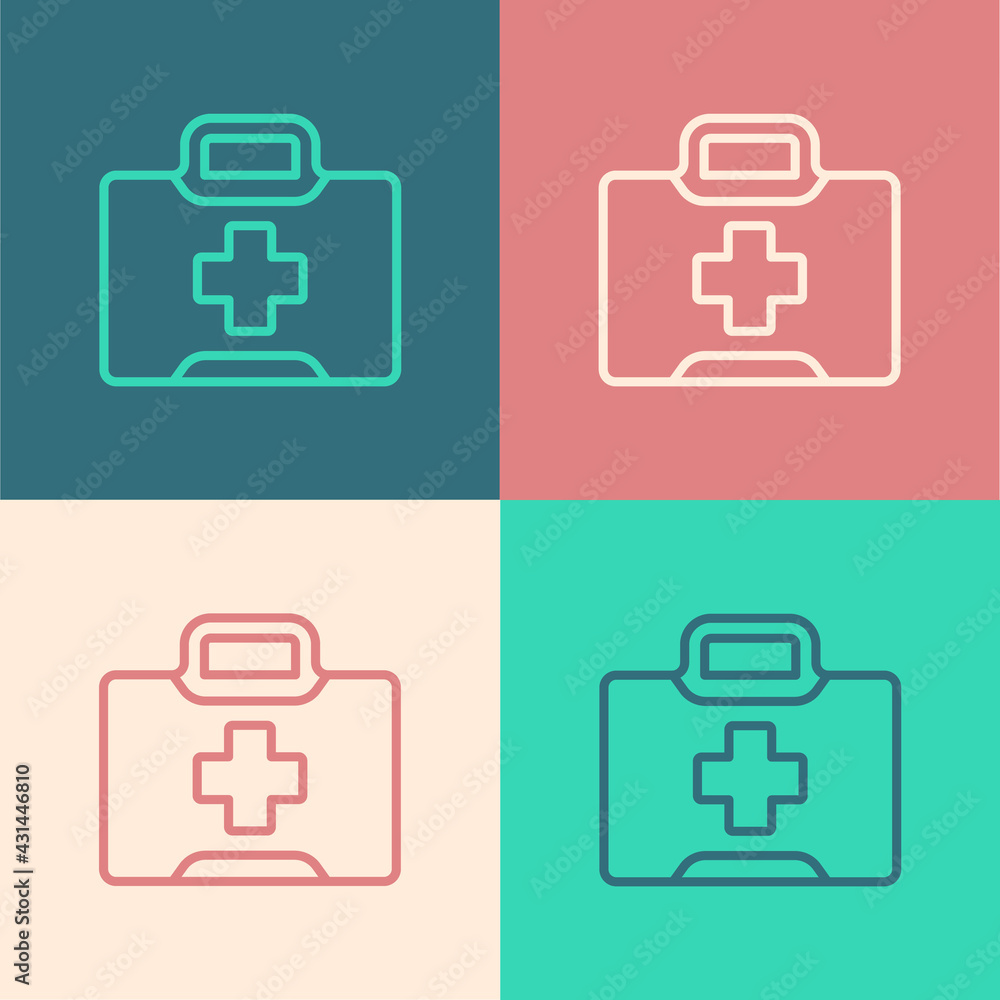 Pop art line First aid kit icon isolated on color background. Medical box with cross. Medical equipment for emergency. Healthcare concept. Vector Illustration Pop art line First aid kit icon isolated on color background. Medical box with cross. Medical equipment for emergency. Healthcare concept. Vector Illustration