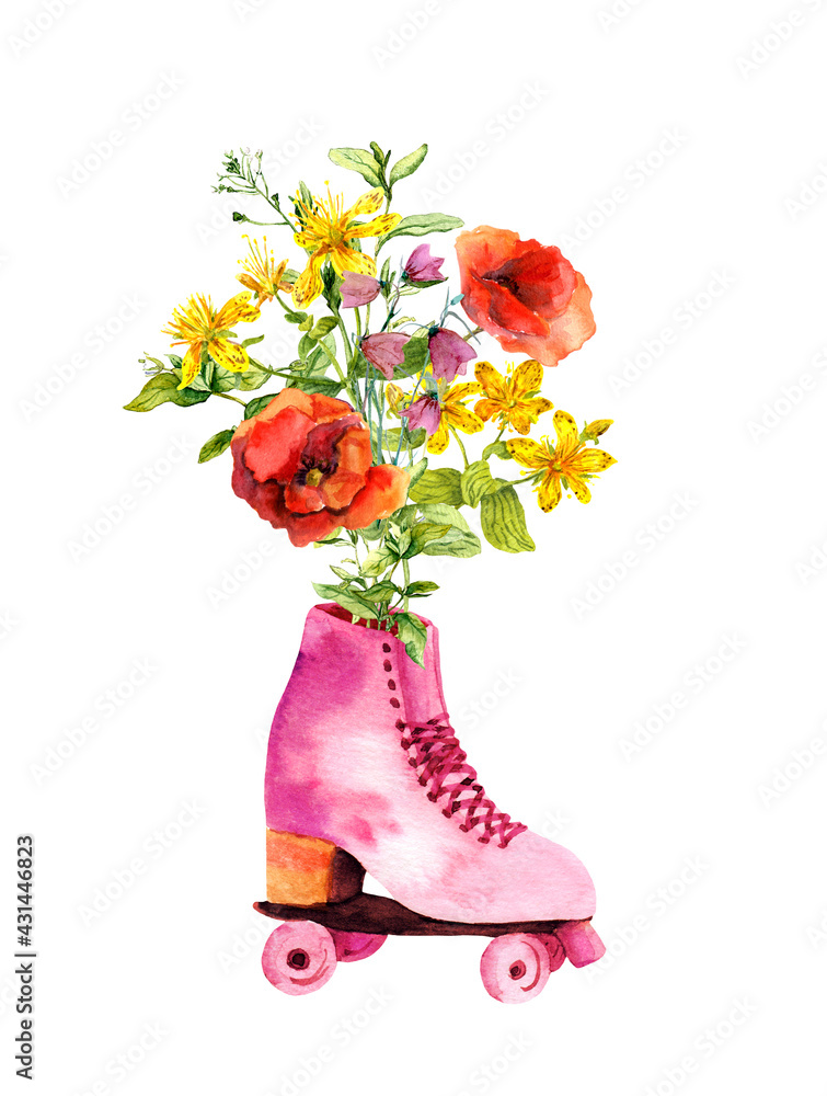 Retro old fashioned roller skates with floral bouquet of meadow flowers.  Watercolor illustration in trendy 80s disco style Stock Illustration |  Adobe Stock