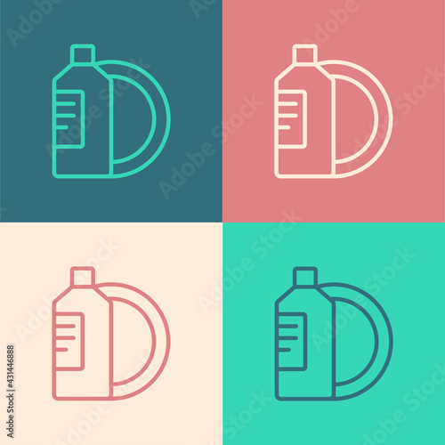 Pop art line Dishwashing liquid bottle and plate icon isolated on color background. Liquid detergent for washing dishes. Vector Illustration