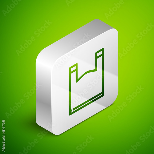 Isometric line Plastic bag icon isolated on green background. Disposable cellophane and polythene package prohibition sign. Silver square button. Vector Illustration
