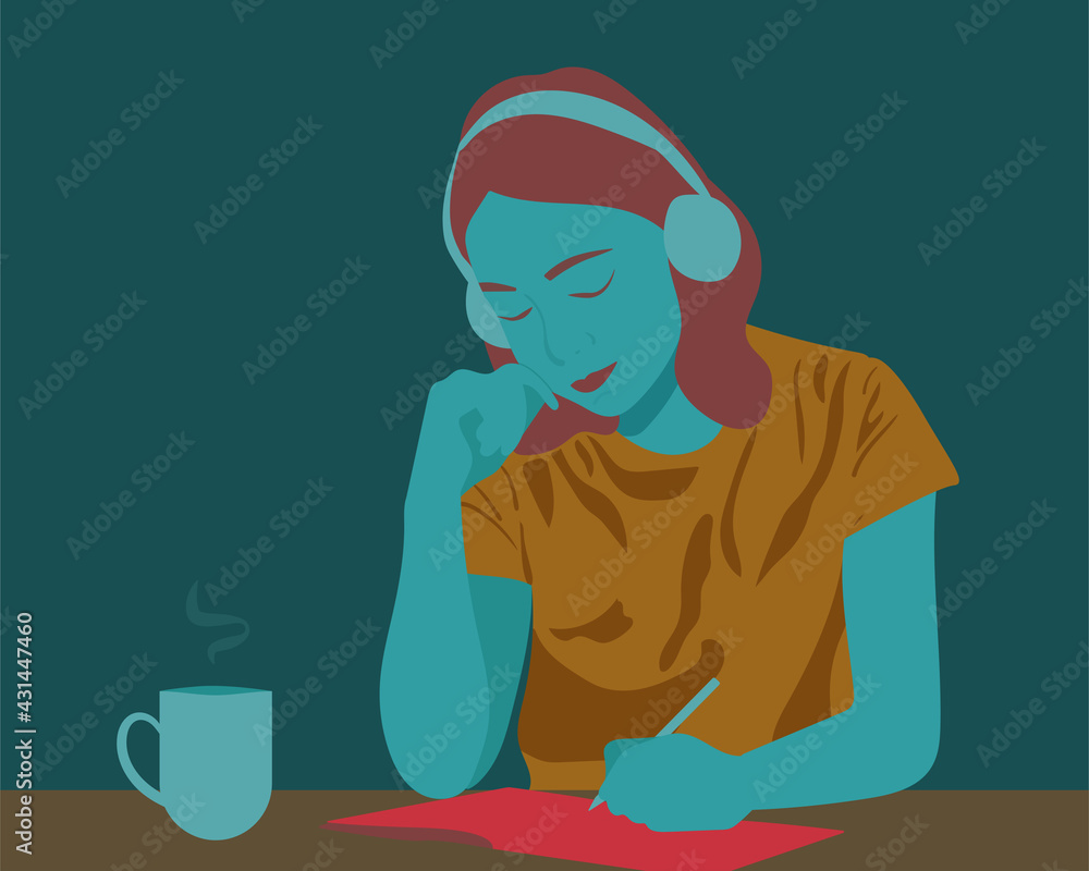 Fototapeta premium Young beautiful student girl listening to online courses in headphones at home, online studying concept