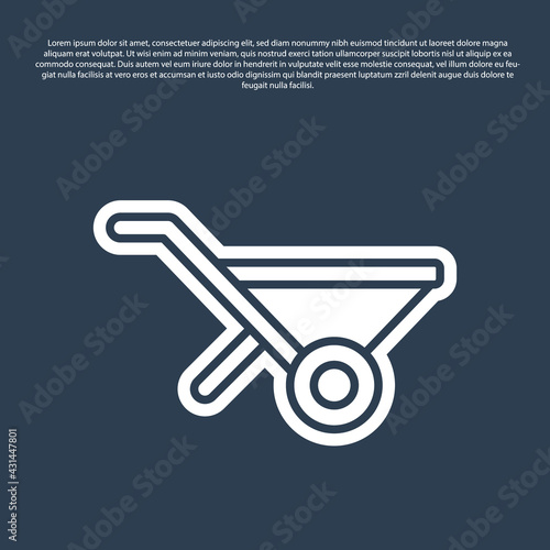 Blue line Wheelbarrow icon isolated on blue background. Tool equipment. Agriculture cart wheel farm. Vector